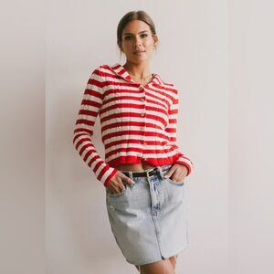 EUC Bohme Red and White Striped Cable Knit Sweeter Cardigan Blakley